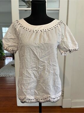 J. Crew White Puff Sleeve Embroidered Top with Black Dot Detail